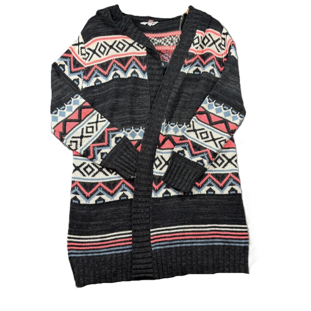 No Boundaries Women Hooded Cardigan Open Front Aztec Western Rodeo Grey XL L192